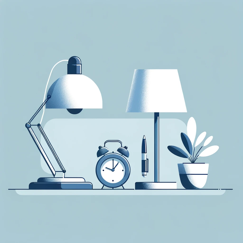 DALL·E 2024-01-26 13.37.54 - A simple, minimalist image featuring a lamp, a clock, a plant, and a pen. The color scheme should be primarily in shades of blue, white, and yellow. T