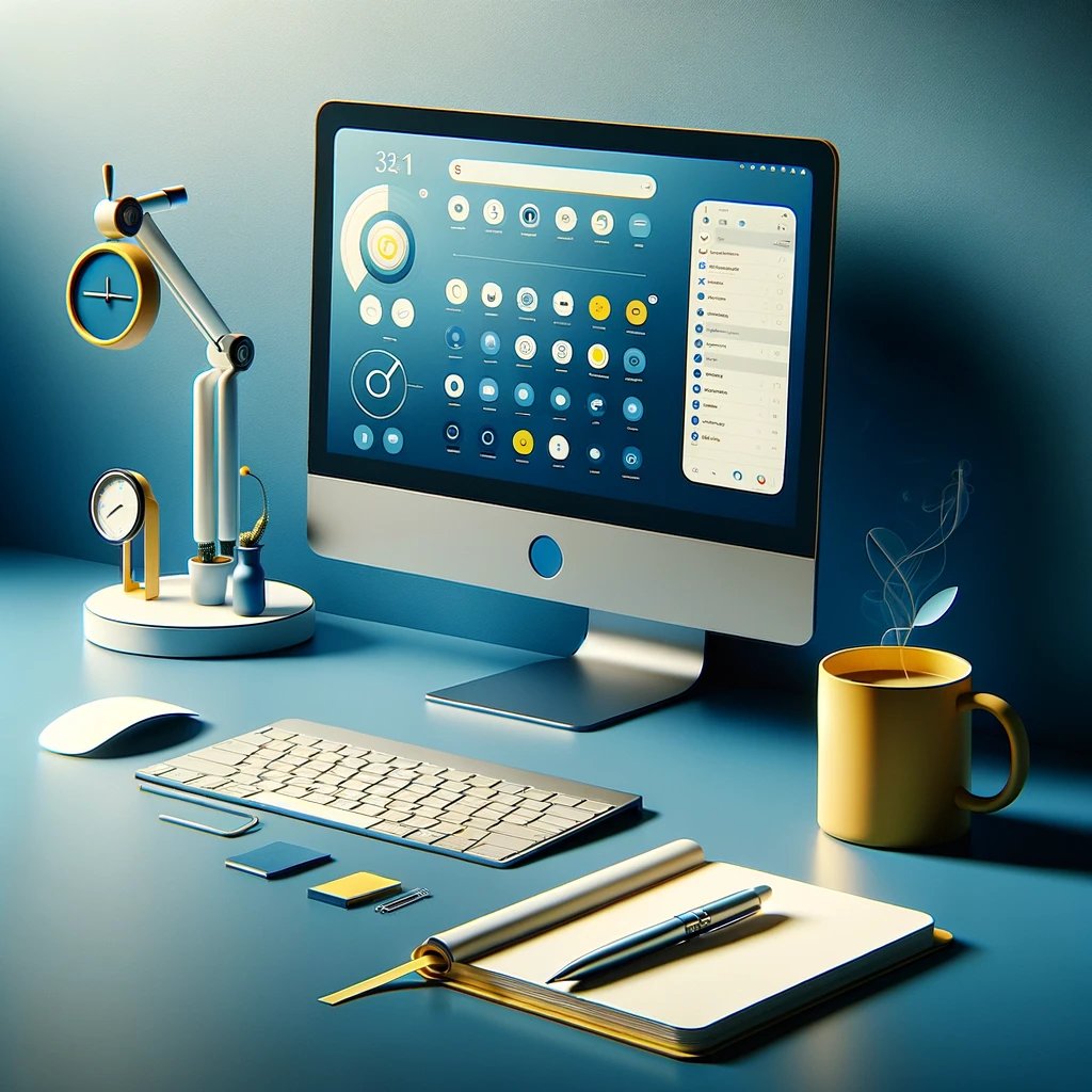 DALL·E 2024-02-23 13.14.15 - Imagine a close-up view of a modern, minimalist workspace that embodies multitasking, depicted in shades of blue, white, and yellow. This scene focuse