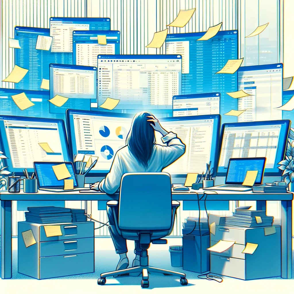 DALL·E 2024-02-26 15.48.56 - Illustrate a bustling office environment embodying stress and multitasking, using a palette of blues, whites, and yellows. The scene shows a worker su