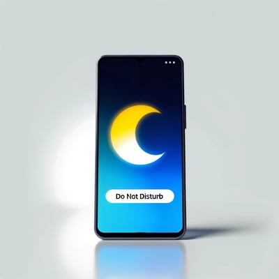 DALL·E 2024-02-26 17.22.41 - Imagine a sleek, modern smartphone displaying a vibrant Do Not Disturb moon icon on its screen. The icon is artistically rendered in shades of blue,