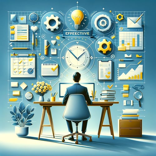 DALL·E 2024-02-28 18.19.55 - Create a clean and inspiring image that showcases the concept of effectiveness, focusing on a professional environment. Use a color scheme of blues, y