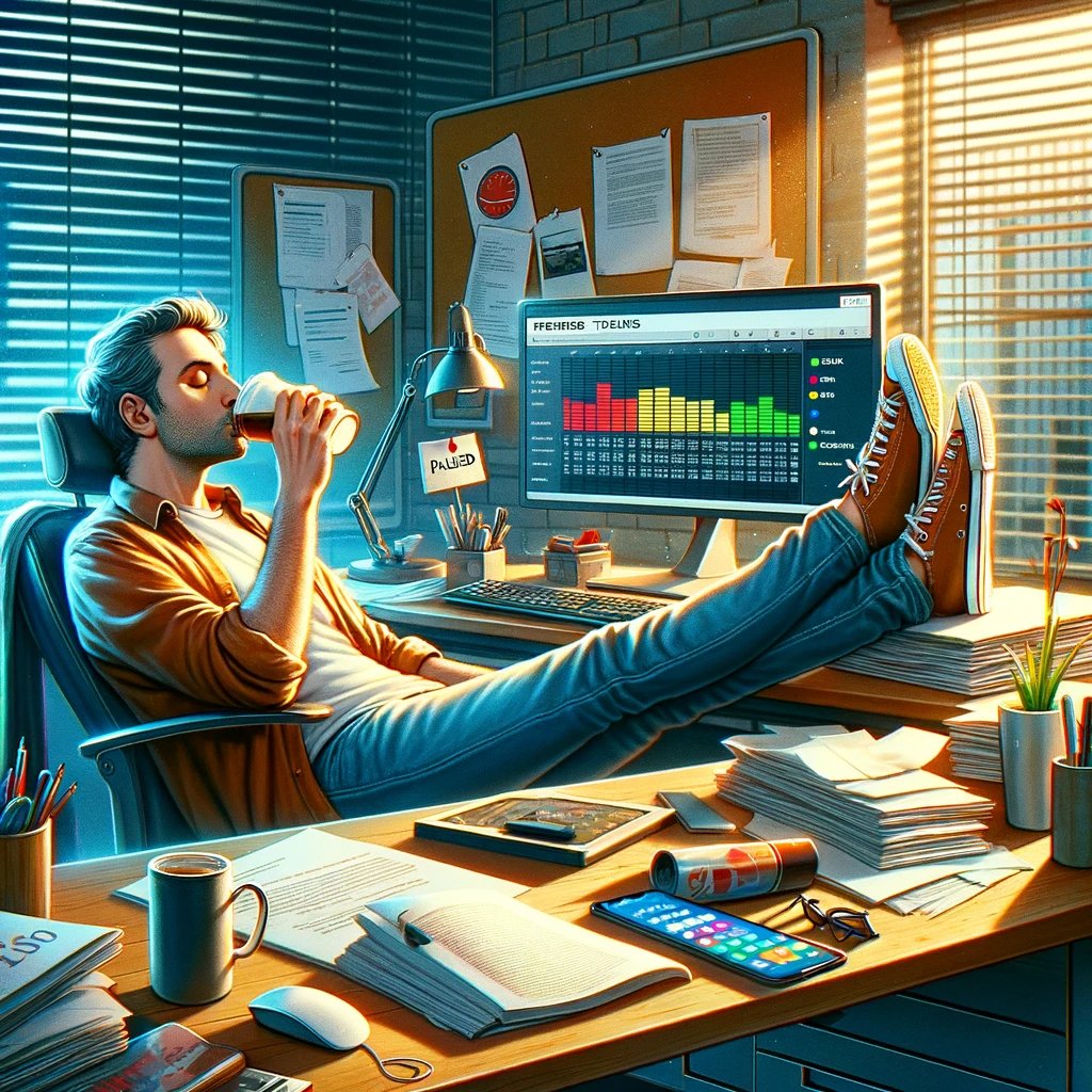 DALL·E 2024-03-24 11.20.33 - An image depicting a prolonged work break, where an individual is clearly enjoying their time away from work tasks more than intended. The scene is se