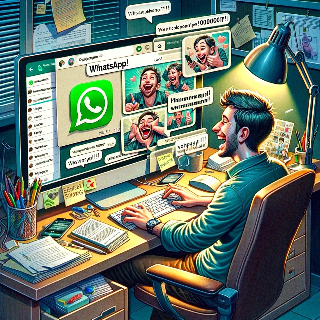 DALL·E 2024-03-24 11.21.57 - An image of a person at their desk, ostensibly supposed to be working, but instead they are engrossed in using WhatsApp on their computer, sending mem