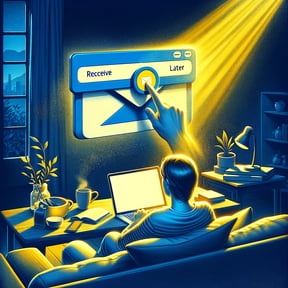 DALL·E 2024-03-24 11.29.39 - An image capturing the moment someone receives an email but decides to check it later, depicted in shades of blue and yellow. The scene is set in a re