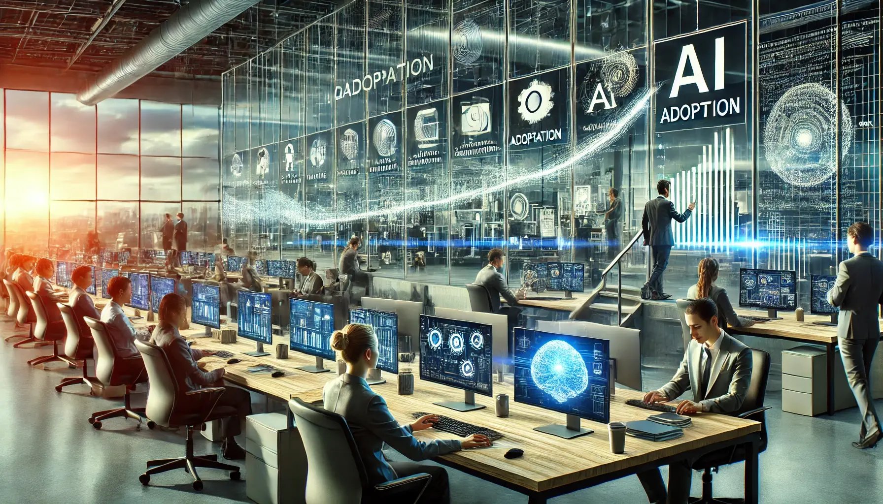 DALL·E 2024-07-10 09.57.16 - A photorealistic horizontal image depicting the gradual adoption of AI in businesses. The scene shows a modern office with employees working on comput