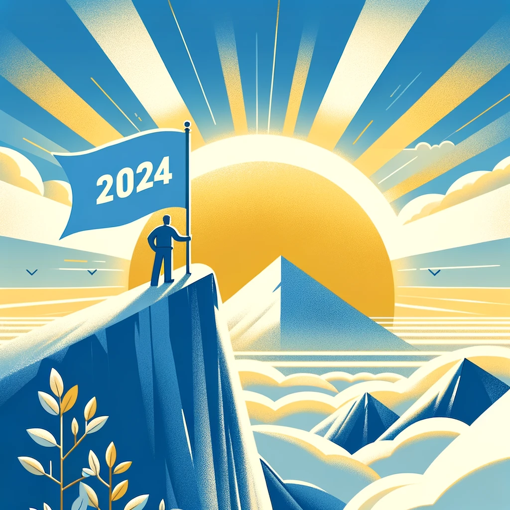 DALL·E 2024-01-31 10.10.13 - A LinkedIn post image with a person on top of a mountain, holding a flag that reads 2024. The image should be in a clean and stylized format with pr DALL·E 2024-01-31 10.10.13 - A LinkedIn post image with a person on top of a mountain, holding a flag that reads 2024. The image should be in a clean and stylized format with pr