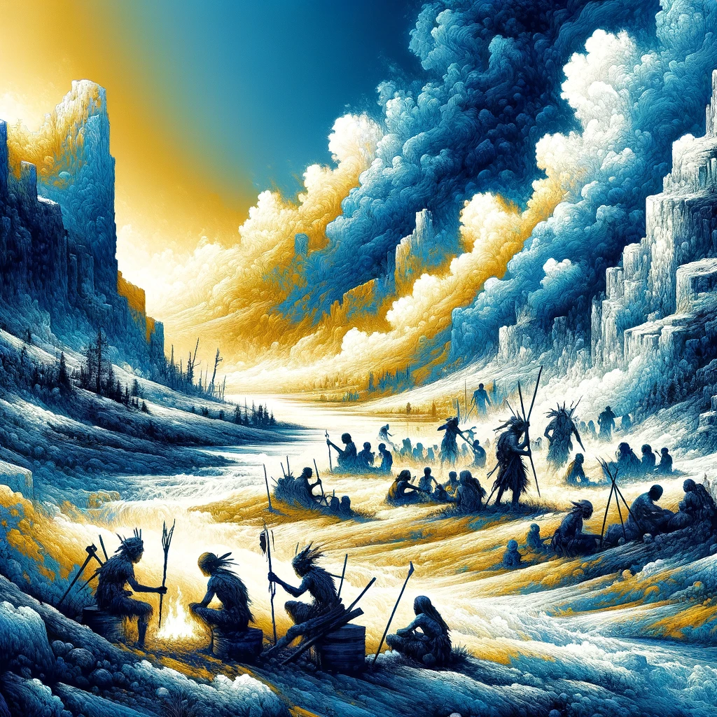 DALL·E 2024-03-24 11.05.24 - An image depicting a scene of survival and tribal life, rendered in shades of blue, white, and yellow. The setting is a rugged, untouched landscape th DALL·E 2024-03-24 11.05.24 - An image depicting a scene of survival and tribal life, rendered in shades of blue, white, and yellow. The setting is a rugged, untouched landscape th